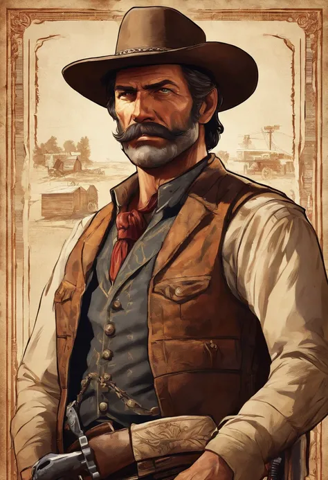 Full body picture of sheriff Curtis Malloy from Red Dead Redemption 2, detailed portrait, vintage illustration, high-res, realistic colors, intricate drawing, aged paper texture, vibrant colors, dramatic lighting, full body shot, Nevada hat, nothing but mu...