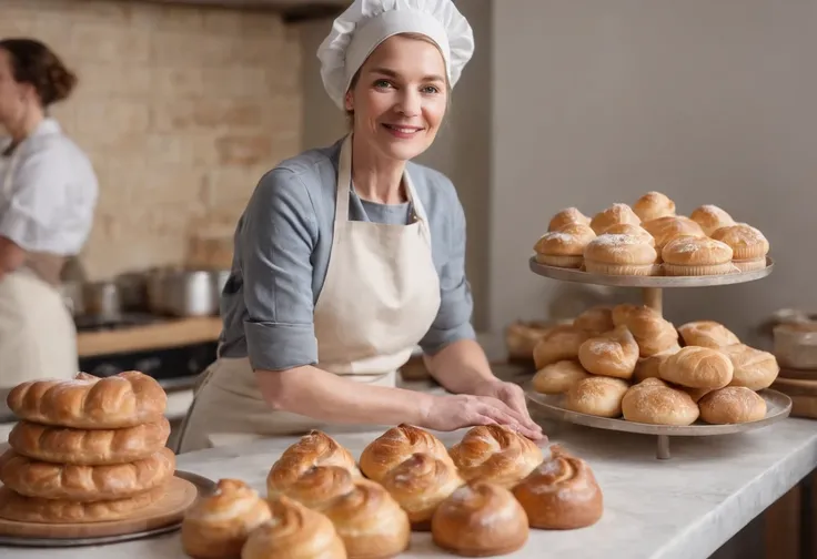 Food Photography of a skilled baker in the midst of baking delightful pastries. The image showcases a busy kitchen with a counter filled with an array of ingredients like flour, eggs, and butter. The baker, a middle-aged woman with an apron, skillfully kne...