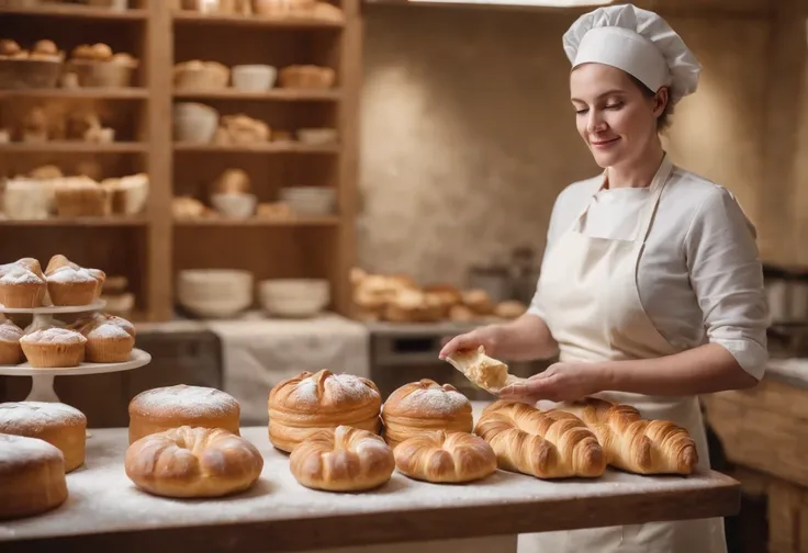 Food Photography of a skilled baker in the midst of baking delightful pastries. The image showcases a busy kitchen with a counter filled with an array of ingredients like flour, eggs, and butter. The baker, a middle-aged woman with an apron, skillfully kne...