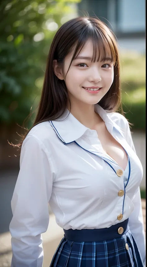 enhanced dynamic perspective，cute cute 15 year old beautiful girl，((school uniform, long sleeve shirt))、short pleated skirt、look...