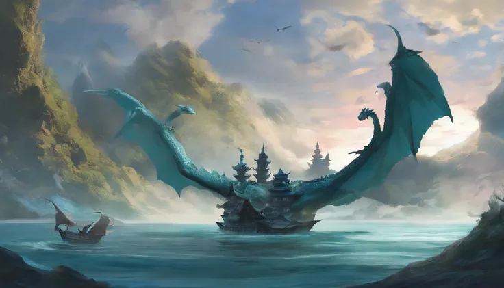 China-style，Chinese mythology，Dragon turtle，faucet，Angular，Turtle body，Heavy tortoiseshell shell，The tail of the snake grows out，has horns on its head，tosen，Ferocious，gargantuan，The eyes glow blue light，the sea，Huge waves，surrounded by cloud，中景 the scene i...