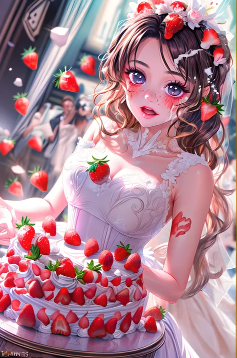 a picture of a extremely (beautiful bride: 1.5)  having the wedding (cake on her face and dress: 1.5), a beautiful young woman, dynamic hair, elegant make up, (wearing an exquisite elegant sexy wearing wedding dress: 1.2), getting the (cake smashed in to h...