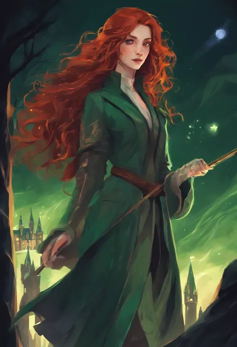 1girl, long curly redhair, white skin, hogwarts, slytherin witch, green clothes, at night, dark, moolight, magic wand in her hand