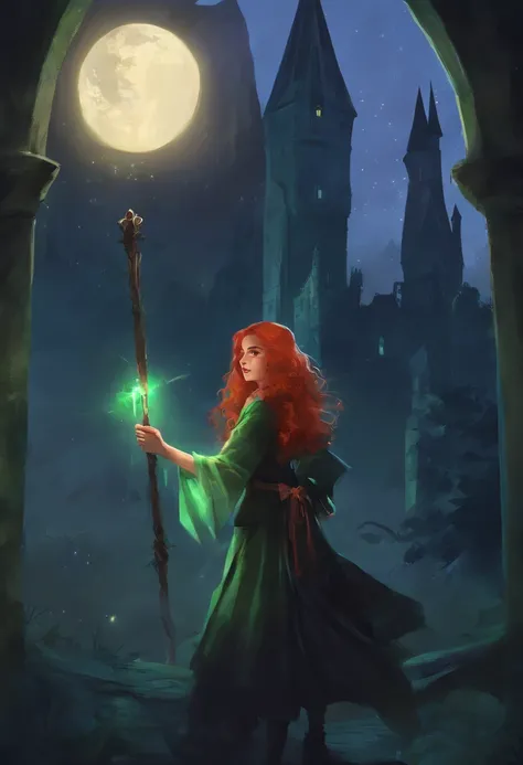 1girl, long curly redhair, white skin, hogwarts, slytherin witch, green clothes, at night, dark, moolight, magic wand in her hand