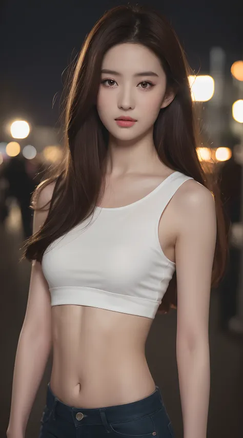 ((Realistic lighting, Best quality, 8K, Masterpiece: 1.3)), Clear focus: 1.2, 1girl, Perfect Figure: 1.4, Slim Abs: 1.1, ((Dark brown hair)), (White crop top: 1.4), (Outdoor, Night: 1.1), City streets, Super fine face, Fine eyes, Double eyelids,