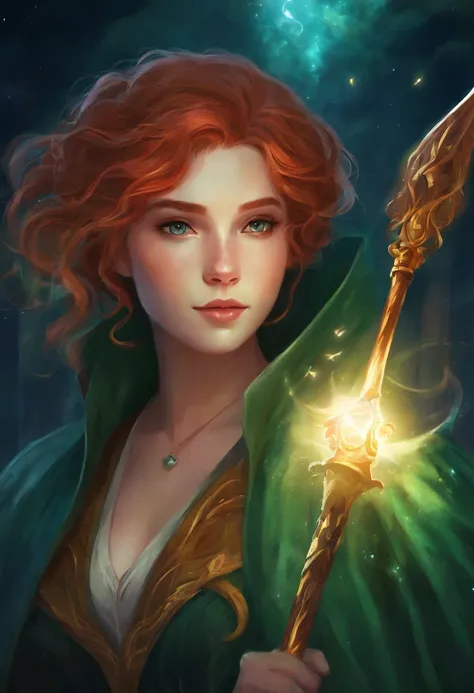 1girl, long curly redhair, white skin, hogwarts, slytherin witch, green hogwarts students uniform, at night, dark, moolight, magic wand in her hand