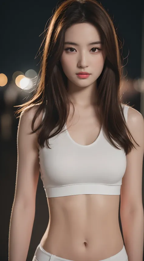 ((Realistic lighting, Best quality, 8K, Masterpiece: 1.3)), Clear focus: 1.2, 1girl, Perfect Figure: 1.4, Slim Abs: 1.1, ((Dark brown hair)), (White crop top: 1.4), (Outdoor, Night: 1.1), City streets, Super fine face, Fine eyes, Double eyelids,