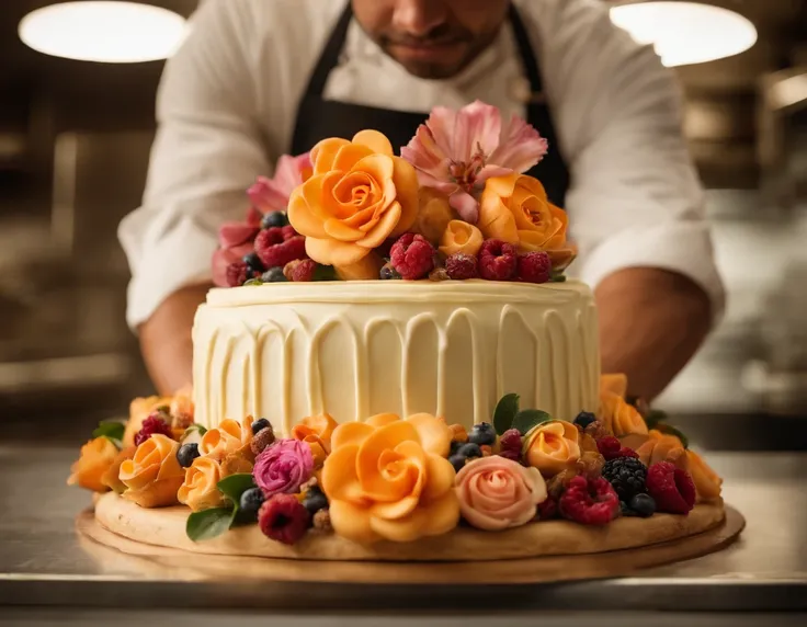 Food Photography capturing the artistry of a baker as they create a visually stunning cake masterpiece. The image reveals a baker, a young man with a focused expression, meticulously layering vibrant buttercream icing on a multi-tiered cake. Delicate sugar...