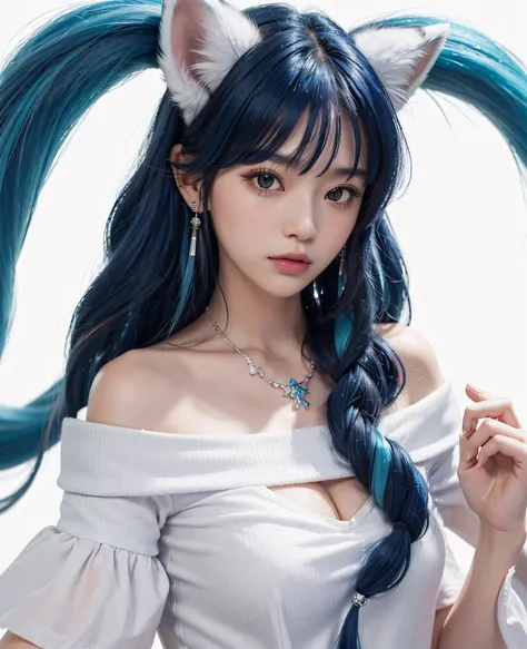 masutepiece, Best Quality, High resolution, (White background: 1.4), [Glitter], [Looking at the viewer, Portrait, 1 Sweet Chinese Girl], (Long hair, Blue hair, Wavy curls, Multicolor Twist Big Blade: 1.3, Furry fox ears, Air bangs), White Off-shoulder Shor...