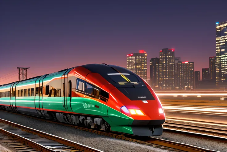 High-speed rail outbound，EMU head，city night scene，8K high-definition，3Drenderingof，