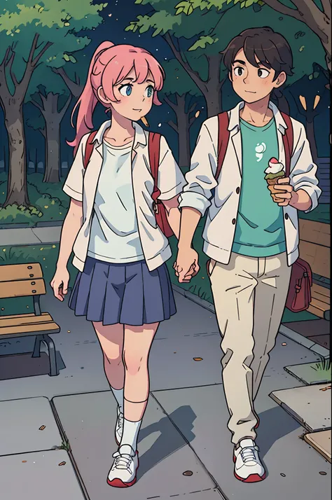 1 guy, 1 girl, walk in the park, girl with ponytail, eating ice cream, guy standing next to girl, greenery, evening, natural light, school outfit, school clothes, leisurely walk, park benches, paved path lined with trees, park , ice cream stand, ice cream ...