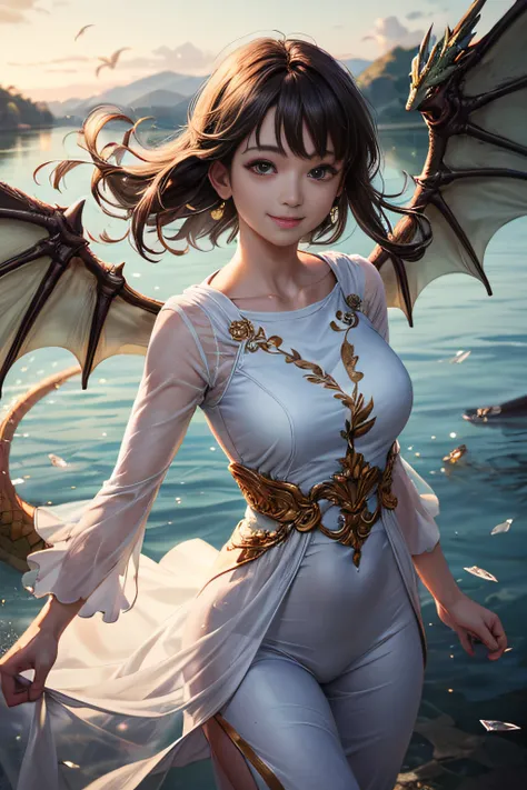 (Sheer and revealing white fluffy outfit:1.3, ),(Angel with glass wings floating on lake:1.3), (Glass Dragon Behind:1.3),Glossy light brown and orange striped shorthair,Cute smile,Perfect round face,A cheerful smile that makes the viewer happy,Proper body ...