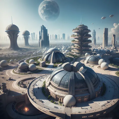 scientific fiction， Urban modern futuristic design，Huge cities in space，Futuristic city landscape，Realistic beehive architecture，Reality is very close to reality nature，breath-taking rendering，Advanced civilization technology，stunning architecture，Luxury a...