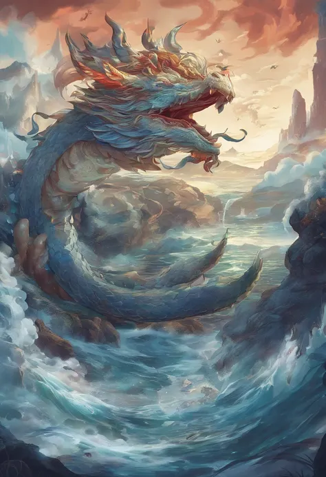 China-style，Chinese mythology，Dragon turtle，faucet，Angular，Turtle body，Heavy tortoiseshell shell，The tail of the snake grows out，has horns on its head，tosen，Ferocious，gargantuan，The eyes glow blue light，the sea，Huge waves，surrounded by cloud，中景 the scene i...