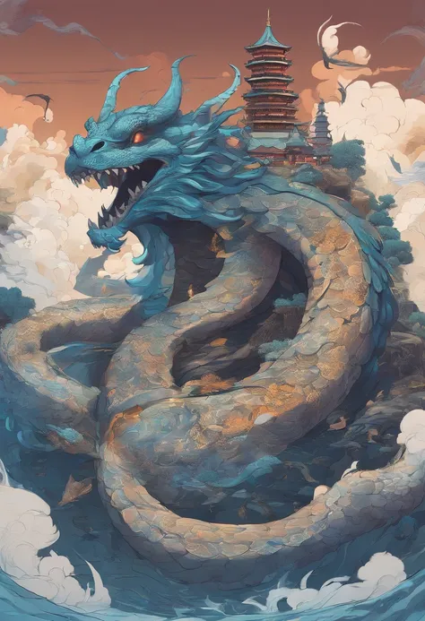 China-style，Chinese mythology，Dragon turtle，faucet，Angular，Turtle body，Heavy tortoiseshell shell，The tail of the snake grows out，has horns on its head，tosen，Ferocious，gargantuan，The eyes glow blue light，the sea，Huge waves，surrounded by cloud，中景 the scene i...