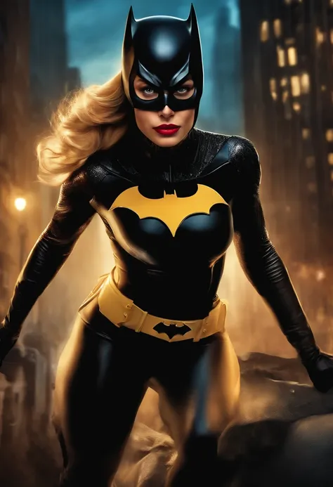 (best quality,4k,8k,Altas,master part:1.2),ultra-detalhado,(Realistic,fotorrealista,photo-realistic:1.37),Margot Robbie como Batgirl,illustration,belos olhos detalhados,beautiful detailed lips,atmosfera sombria e misteriosa,Skyline da cidade,terno de armad...