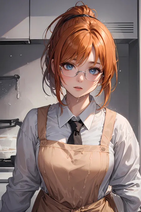 (1glasses girl:1.3, solo), (baking cooker:1.3), (a extremely pretty and beautiful Japanese woman), (sexy girl), (professional sexy attire:1.3), (22 years old: 1.1), (baking in the kitchen:1.3), (spills powder:1.3), (splashes of powder:1.3), (panic expressi...