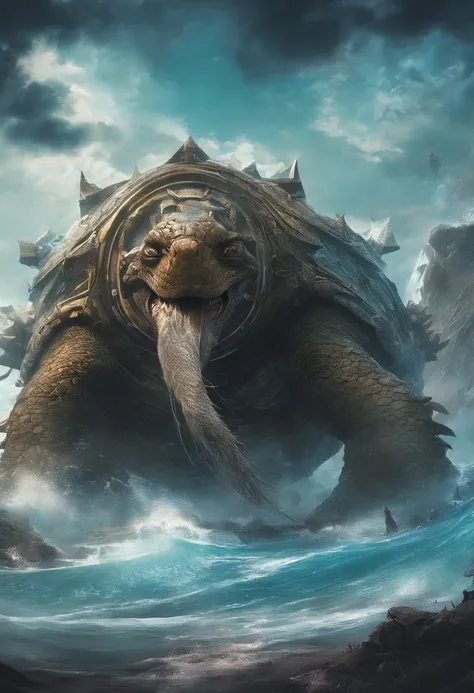 China-style，Chinese mythology，Dragon turtle，faucet，Angular，Turtle body，Giant tortoise shell，Heavy tortoiseshell shell，The tail of the snake grows out，has horns on its head，tosen，Ferocious，gargantuan，The eyes glow blue light，the sea，Huge waves，surrounded by...