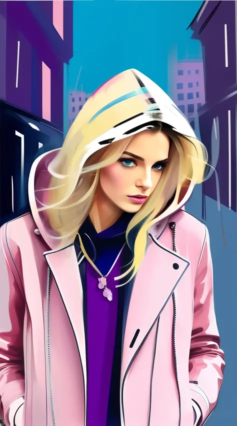 David downton fashion illustration, mustafa soydan art, blonde thin hair woman blue eyes, cute, lilac hoodie, gentle pink leather jacket, feminine, change background day city street, fresh color, artistic brushstrokes