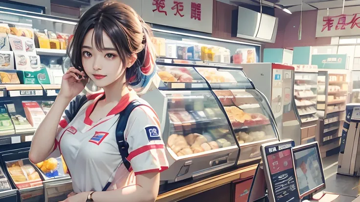 masutepiece、A high resolution、The convenience store of the future、Convenience store clerk、30-year-old girl、１Female shop assistant、Looking at the camera、ssmile、The completion is as shown in the image、Cash register and beauty、Fair and beautiful skin、Short an...