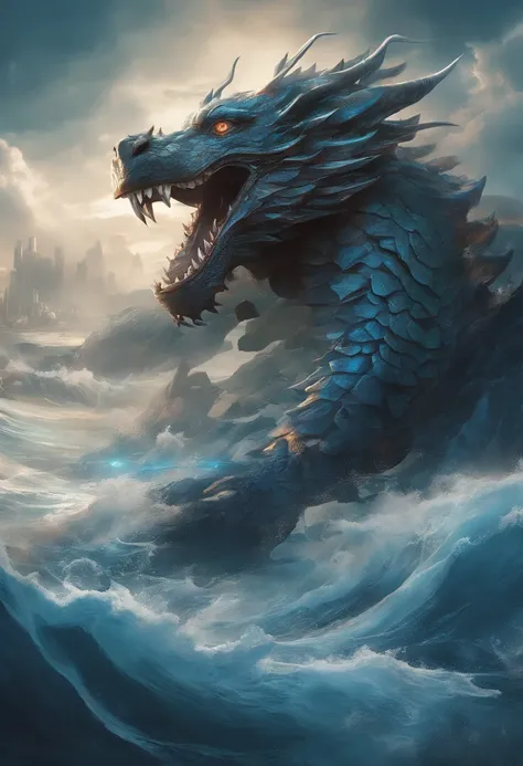 China-style，Chinese mythology，Dragon turtle，faucet，Angular，Turtle body，Giant tortoiseshell shell，Heavy tortoiseshell shell，The tail of the snake grows out，has horns on its head，tosen，Ferocious，gargantuan，The eyes glow blue light，the sea，Huge waves，surround...