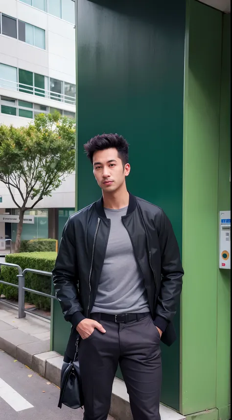 arafed man standing in front of a green building with a black jacket, handsome