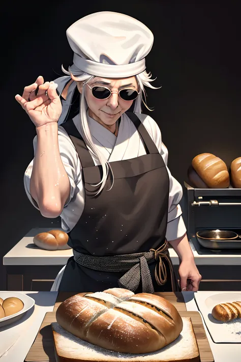 (best shadow),(realistic),highly detailed, high quality, masterpiece, white chef hat, japanese old woman, wringkle, white long h...