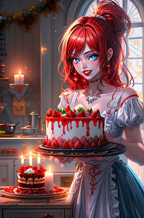 a picture of extremely beautiful female vampire looking at (red MasterChef style cake: 1.5), an exquisite beautiful vampire, ultra feminine ultra detailed face, red hair, short hair, pale skin, red lips, blue eyes, wearing sexy white seductive dress, looki...