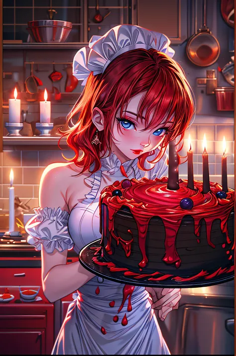 a picture of extremely beautiful female vampire looking at (red MasterChef style cake: 1.5), an exquisite beautiful vampire, ultra feminine ultra detailed face, red hair, short hair, pale skin, red lips, blue eyes, wearing sexy white seductive dress, looki...