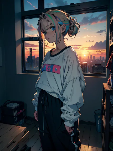 Masterpiece, High quality, Girl, Hair tied up, Hair with colorful highlights, big clothes, baggy clothes, Comfortable clothes, Indoors, Night, Sunset, Dark room, Absentmindedly fiddling with something,