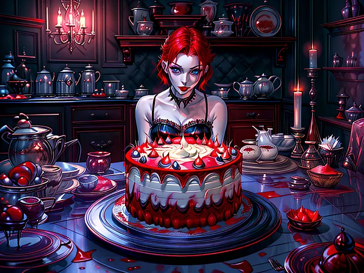 a picture of extremely beautiful female vampire looking at (red MasterChef style cake: 1.5), an exquisite beautiful vampire, ultra feminine ultra detailed face, red hair, short hair, pale skin, red lips, blue eyes, wearing sexy white seductive latex dress,...