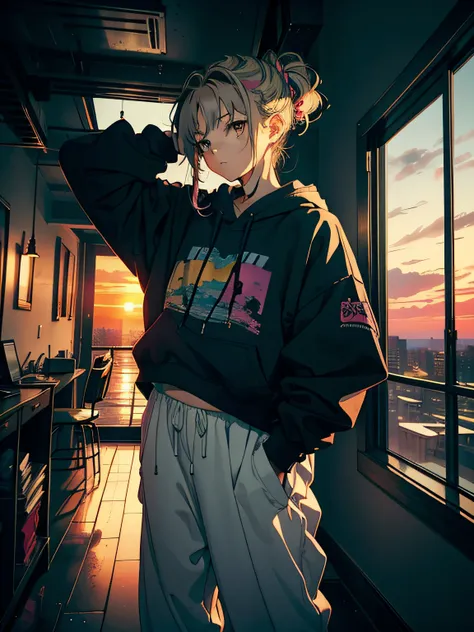 Masterpiece, High quality, Girl, Hair tied up, Hair with colorful highlights, big clothes, baggy clothes, Comfortable clothes, Indoors, Night, Sunset, Dark room, Absentmindedly fiddling with something,