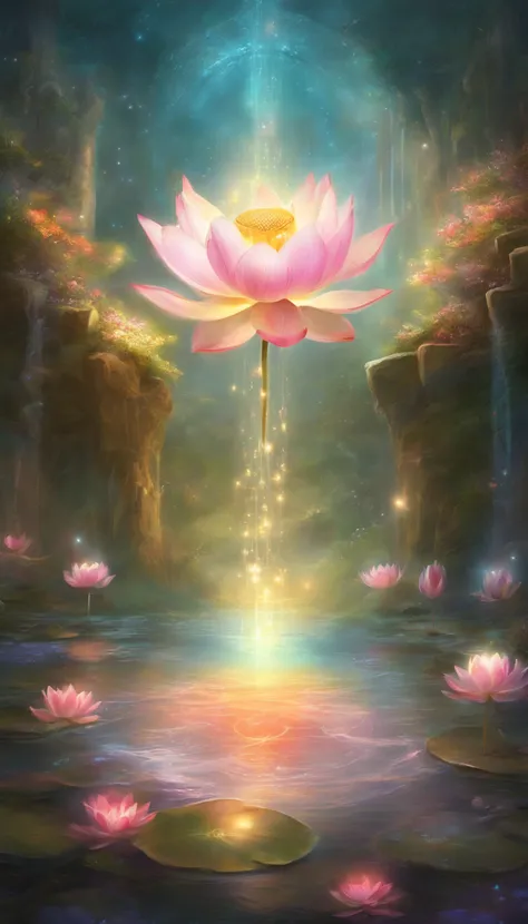 lotus flower, artistic conception, Light shines straight down from above