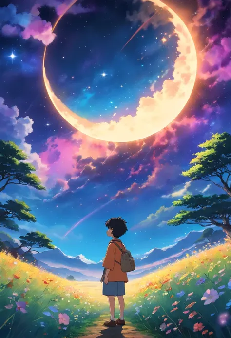 expansive landscape photograph , (a view from below that shows sky above and open field below), a boy standing on flower fire field looking up, short black hair and jujutsu kaisen uniforme, (full moon:1.2), ( shooting stars:0.9), (nebula:1.3), distant moun...