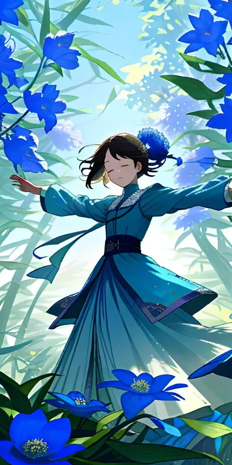 In the fragrant garden, The blind girl stood with her arms outstretched, Gently stroke the petals she encounters, Connected to nature and sweet blue flowers.