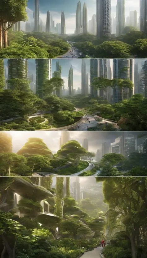 Futuristic city streets, There are smart forest cities, This is a botanical garden in a modern city. It is built on the Mayan heritage and its connection to nature and the sacred world. Nature and the urban environment are seamlessly intertwined, Create a ...