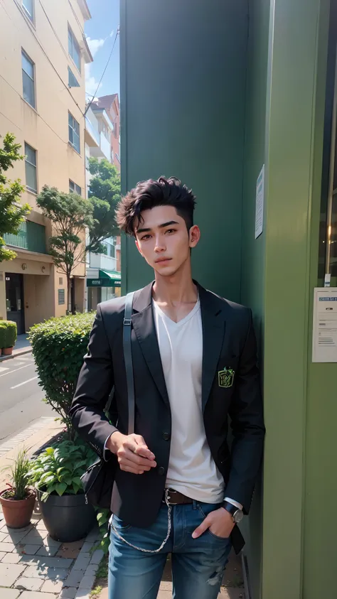 1 young man, arafed standing in front of a green building with a black jacket, handsome