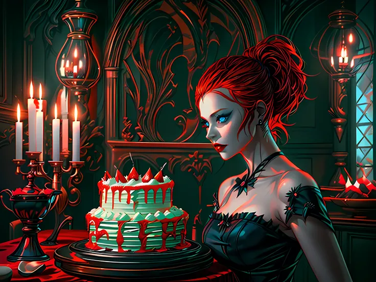 a picture of extremely beautiful female vampire looking at (red MasterChef style cake: 1.5), an exquisite beautiful vampire, ultra feminine ultra detailed face, red hair, short hair, pale skin, red lips, blue eyes, wearing sexy white seductive latex dress,...