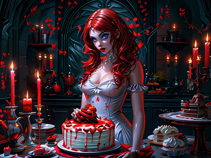 a picture of extremely beautiful female vampire looking at (red MasterChef style cake: 1.5), an exquisite beautiful vampire, ultra feminine ultra detailed face, red hair, short hair, pale skin, red lips, blue eyes, wearing sexy white seductive latex dress,...