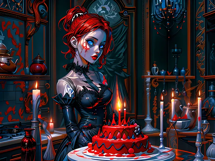 a picture of extremely beautiful female vampire looking at (red MasterChef style cake: 1.5), an exquisite beautiful vampire, ultra feminine ultra detailed face, red hair, short hair, pale skin, red lips, blue eyes, wearing sexy white seductive latex dress,...