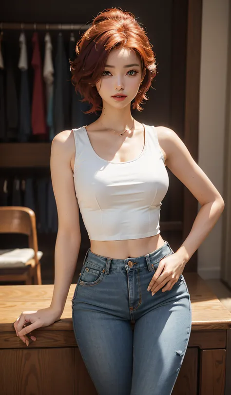 Super sexy Maria dressed （Low-cut and tight （Flare Jeans）），((full bodyesbian)),((Long legs)), （（White crop top top：1.5） Vest with exposed neckline）， Short hair, red hair， photorealestic， photography of， （A high resolution）， （realisticlying：1.4）， （very intr...