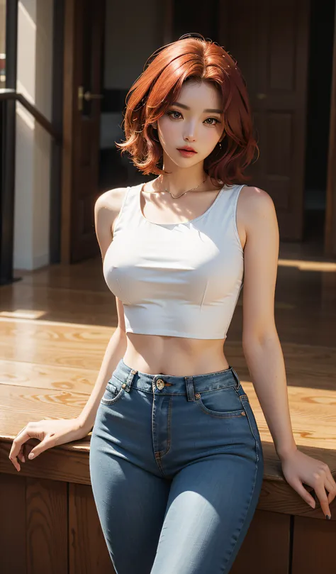 Super sexy Maria dressed （Low-cut and tight （Flare Jeans）），((full bodyesbian)),((Long legs)), （（White crop top top：1.5） Vest with exposed neckline）， Short hair, red hair， photorealestic， photography of， （A high resolution）， （realisticlying：1.4）， （very intr...