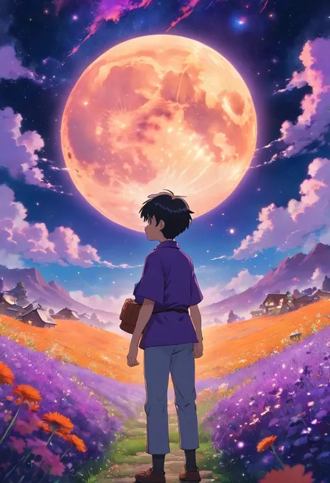 expansive landscape photography, (a view from below showing the sky above and the open field below), 1boy with short black hair and jujutsu kaisen uniform standing in the fiery field of flowers looking up,, (full moon:1.2 ), (shooting stars:0.9), (nebula:1...