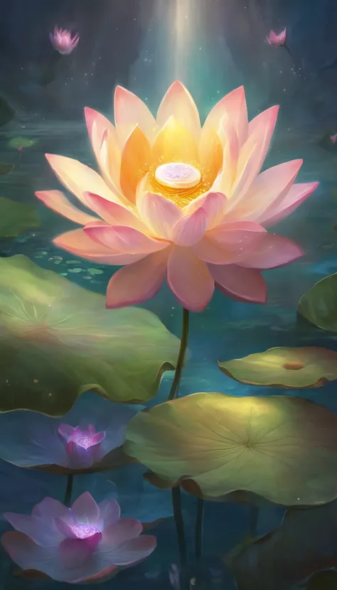 lotus flower, artistic conception, Light shines straight down from above