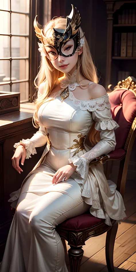 realisticlying、A 23-year-old girl、sit a chair、Medieval European aristocracy、(Masquerade)、Sideways view、Wearing a white long-sleeved dress、Various sexy poses、(Venetian mask)、Face smile、Depicts the whole body、dance