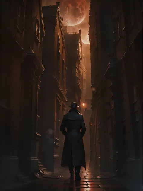 Man wearing a long trench coat walking away from viewer, narrow streets of london, ((red moon)), dark, gloomy, volumetric lighting, dark clouds,dense mist, back view, wearing a short hat