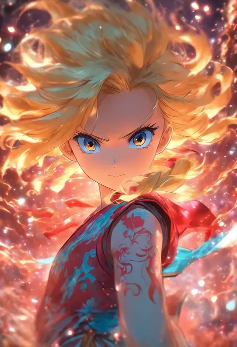 Drawn in anime style, Aya Nakamura is a 5-year-old child, Amazing and exotic kids. She has long blonde hair，Gentle waves fall to the waist, It stood out under her pale skin. His eyes are a rich red, Like a bright ruby, And a pair of mysterious eyes.