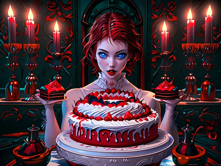 a picture of extremely beautiful female vampire looking at (red masterchef style cake: 1.5), an exquisite beautiful vampire, ult...