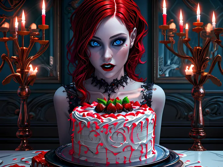 a picture of extremely beautiful female vampire looking at (red MasterChef style cake: 1.5), an exquisite beautiful vampire, ultra feminine ultra detailed face, red hair, short hair, pale skin, red lips, blue eyes, wearing sexy white seductive latex dress,...