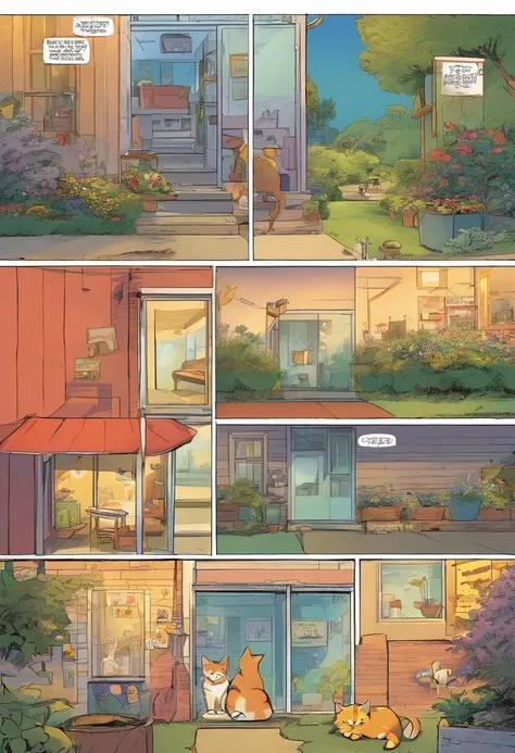 In American comics, Stories are displayed in multiple irregularly colored panels. This American shorthair cat is、Experiencing difficulties when running away from home、After that, I was reunited with the owner. Exaggerated and meticulous style